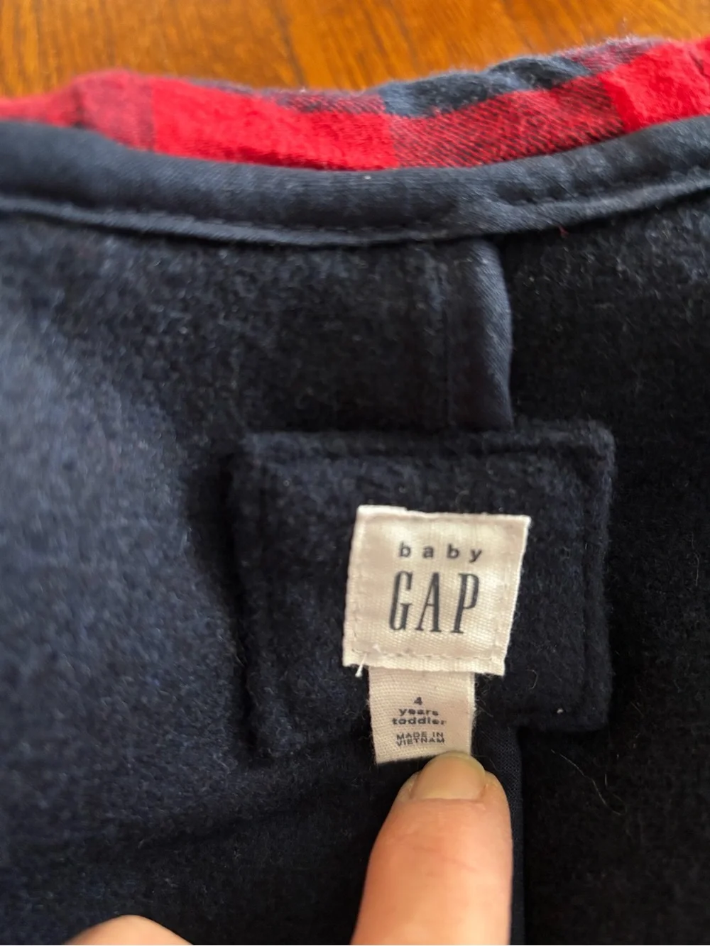 Baby GAP - Navy wool blend Pea Coat with Toggles and Red Plaid hood Lining